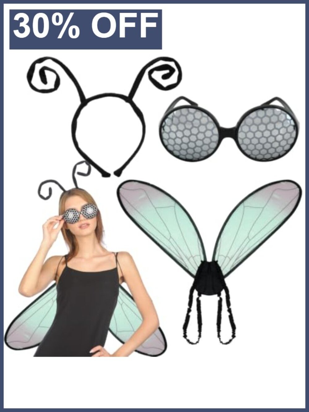 Adult Bug Costume Accessory Set with Wings Headband Glasses Halloween Fly